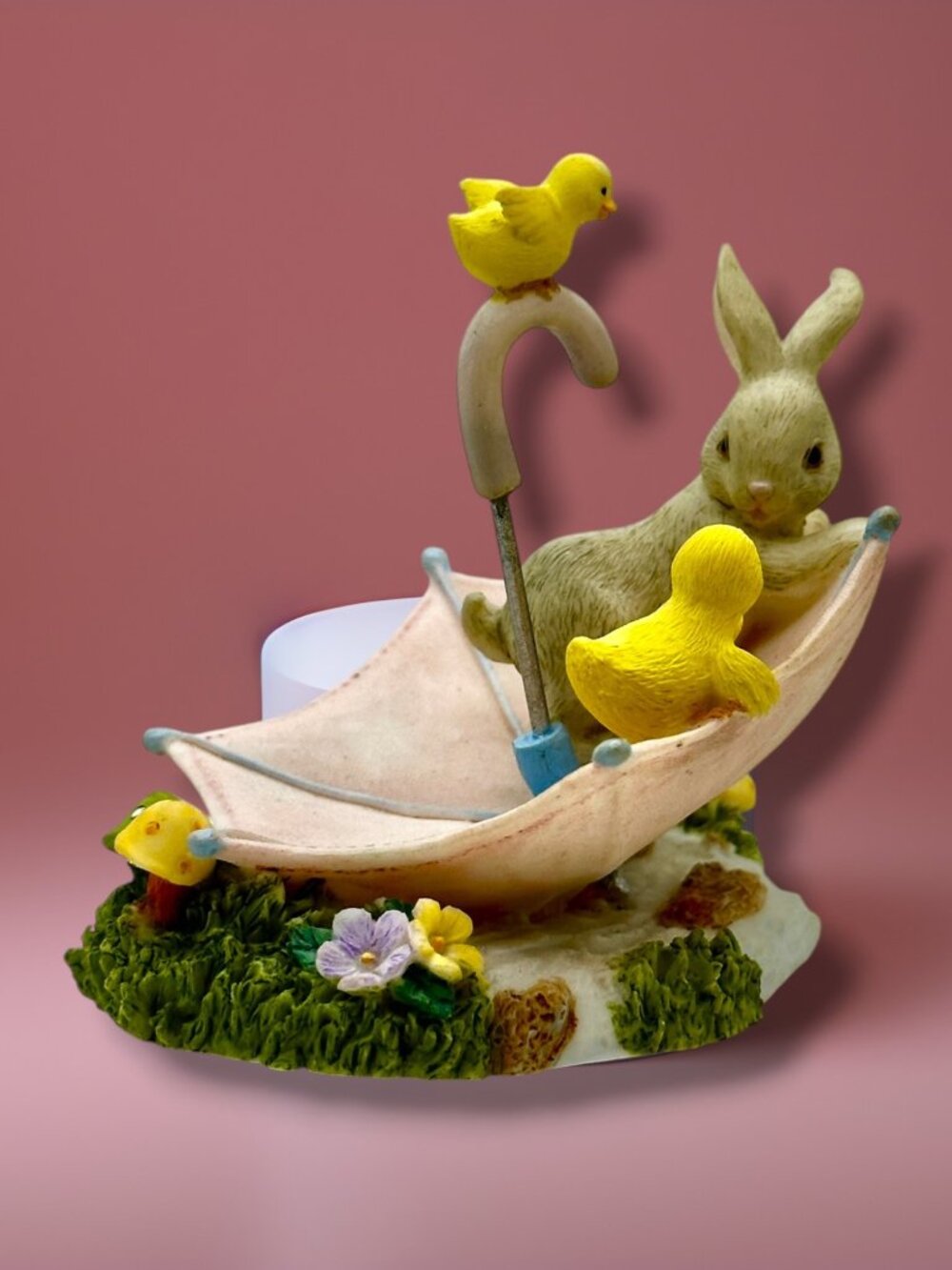 Natures Wonder Bunny & Chicks In Umbrella Holder Figurine By Russ Berrie Vintage